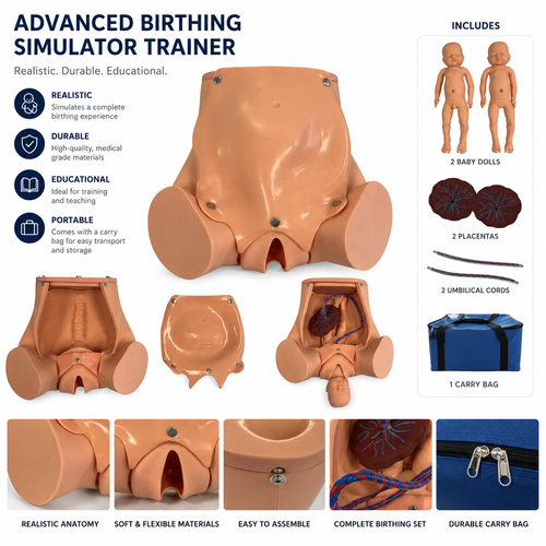 Advanced birthing simulator trainer with pelvic model, twin fetus dolls, placentas, umbilical cords and carrying case for obstetric training