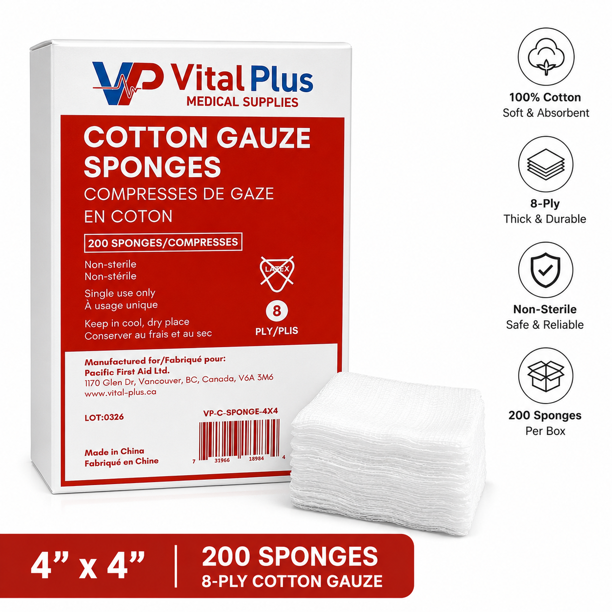 Cotton Gauze Sponges 4" x 4" – 8-Ply Non-Sterile | 200 Pack